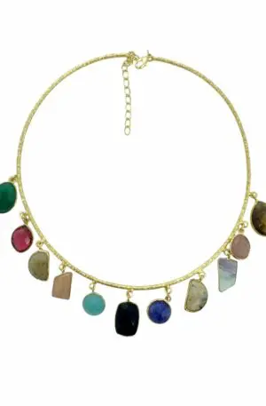 Adjustable Brass Choker Necklace with Multicolor Natural Stone Charms. Free Shipping