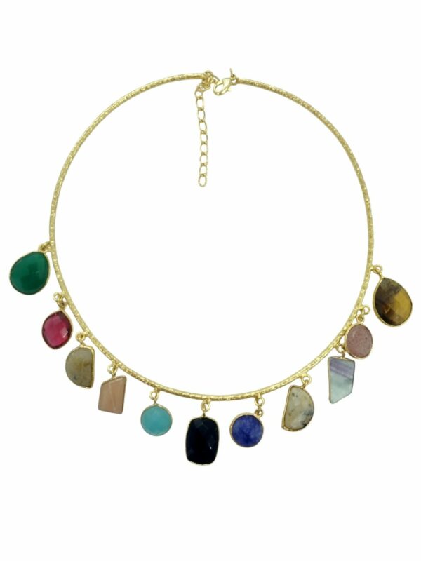 Adjustable brass choker necklace with multicolored natural stone charms. Free shipping