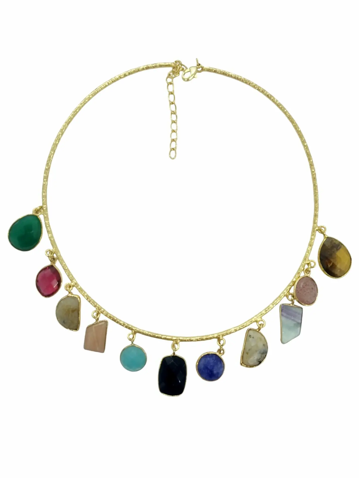 Adjustable Brass Choker Necklace with Multicolor Natural Stone Charms. Free Shipping