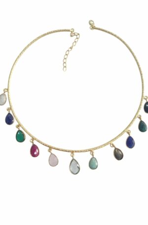 Adjustable Brass Choker Necklace with Multicolor Natural Stone Charms. Free Shipping