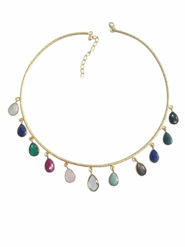 Adjustable brass choker necklace with multicolored natural stone charms. Free shipping