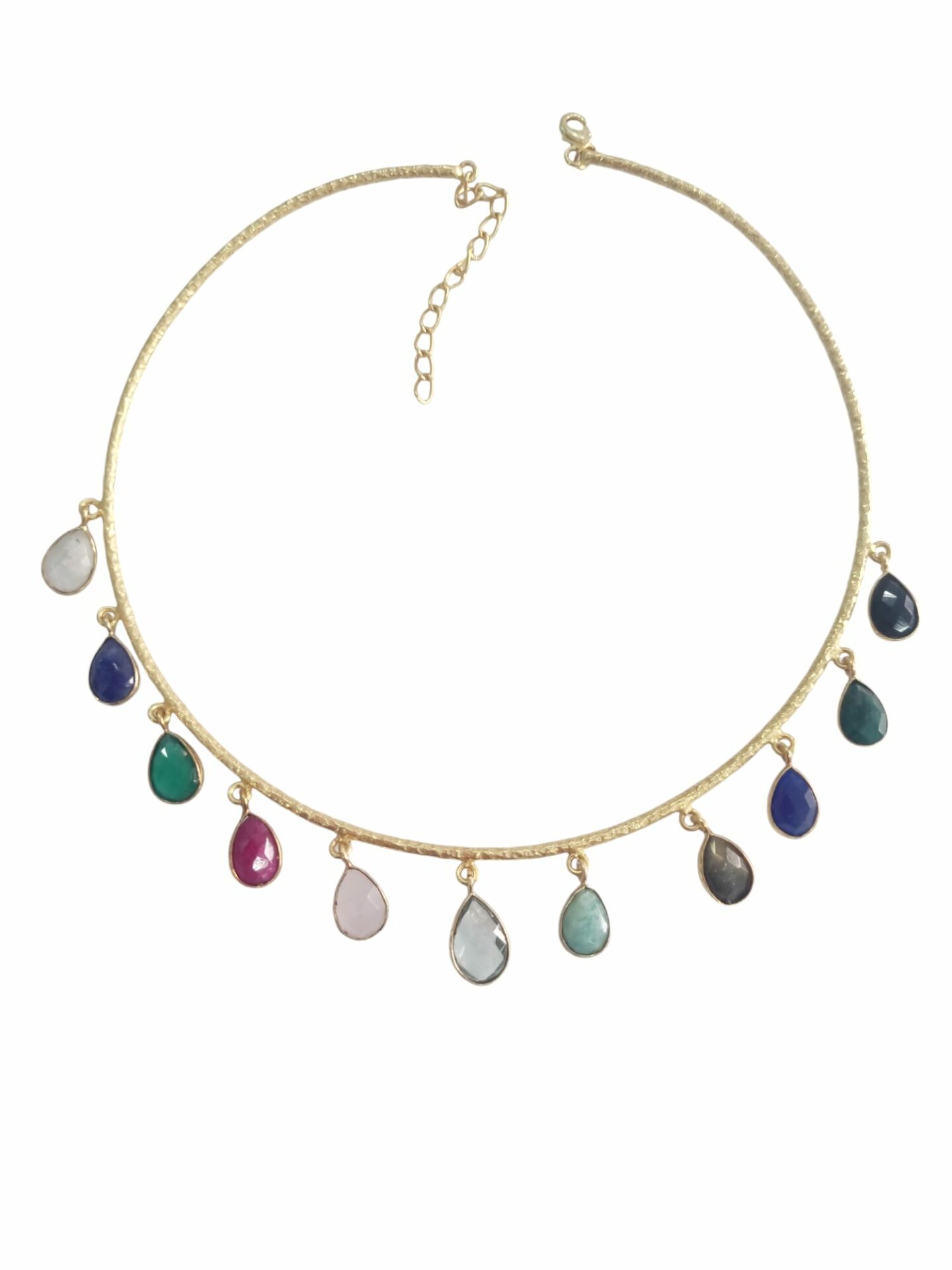 Adjustable Brass Choker Necklace with Multicolor Natural Stone Charms. Free Shipping