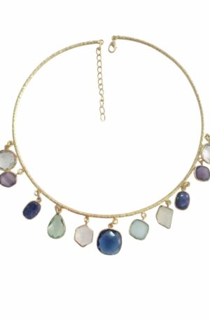 Adjustable Brass Choker Necklace with Multicolor Natural Stone Charms. Free Shipping