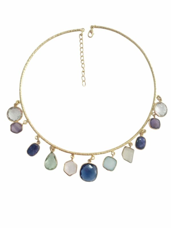 Adjustable brass choker necklace with multicolored natural stone charms. Free shipping