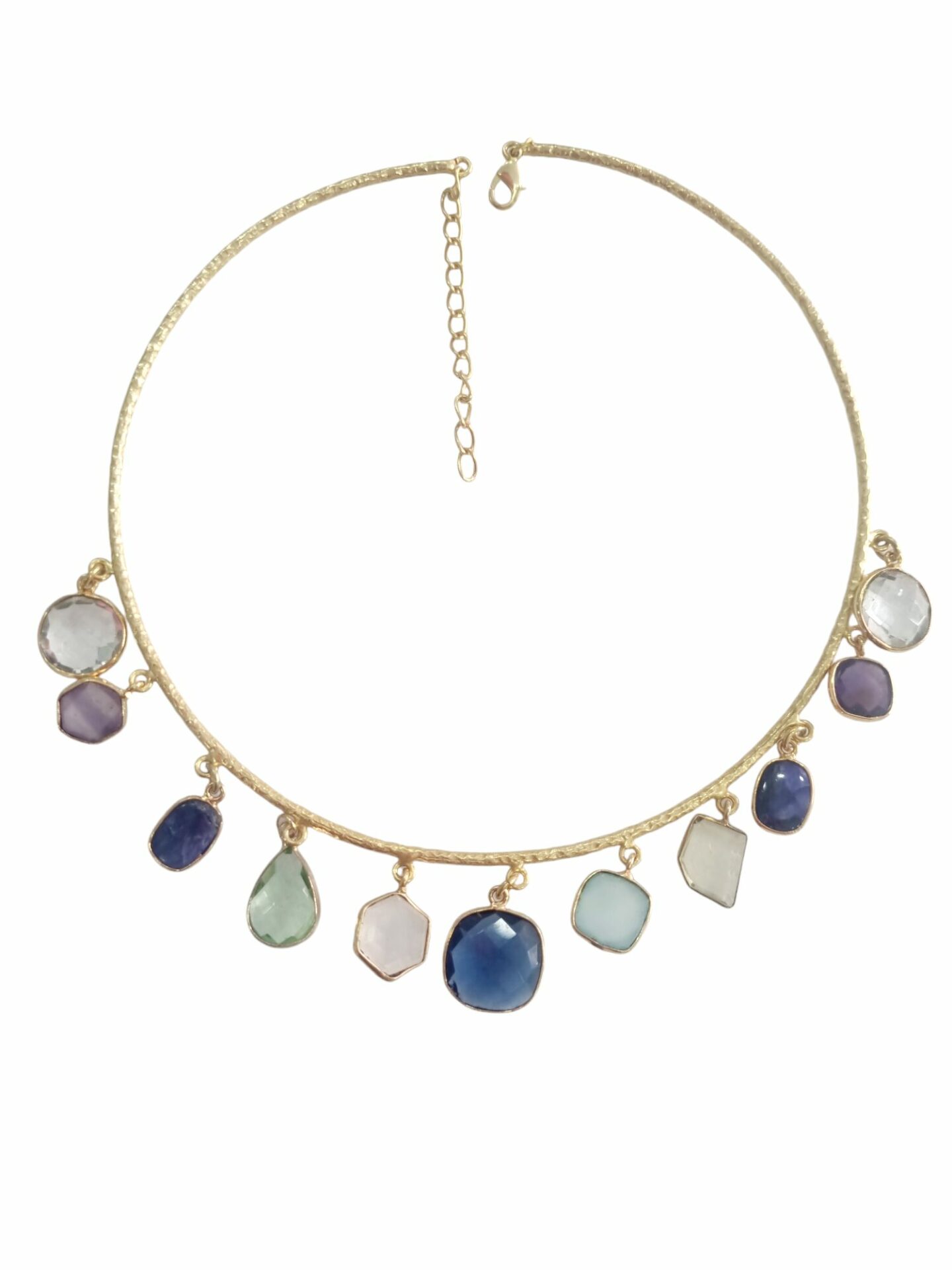 Adjustable Brass Choker Necklace with Multicolor Natural Stone Charms. Free Shipping