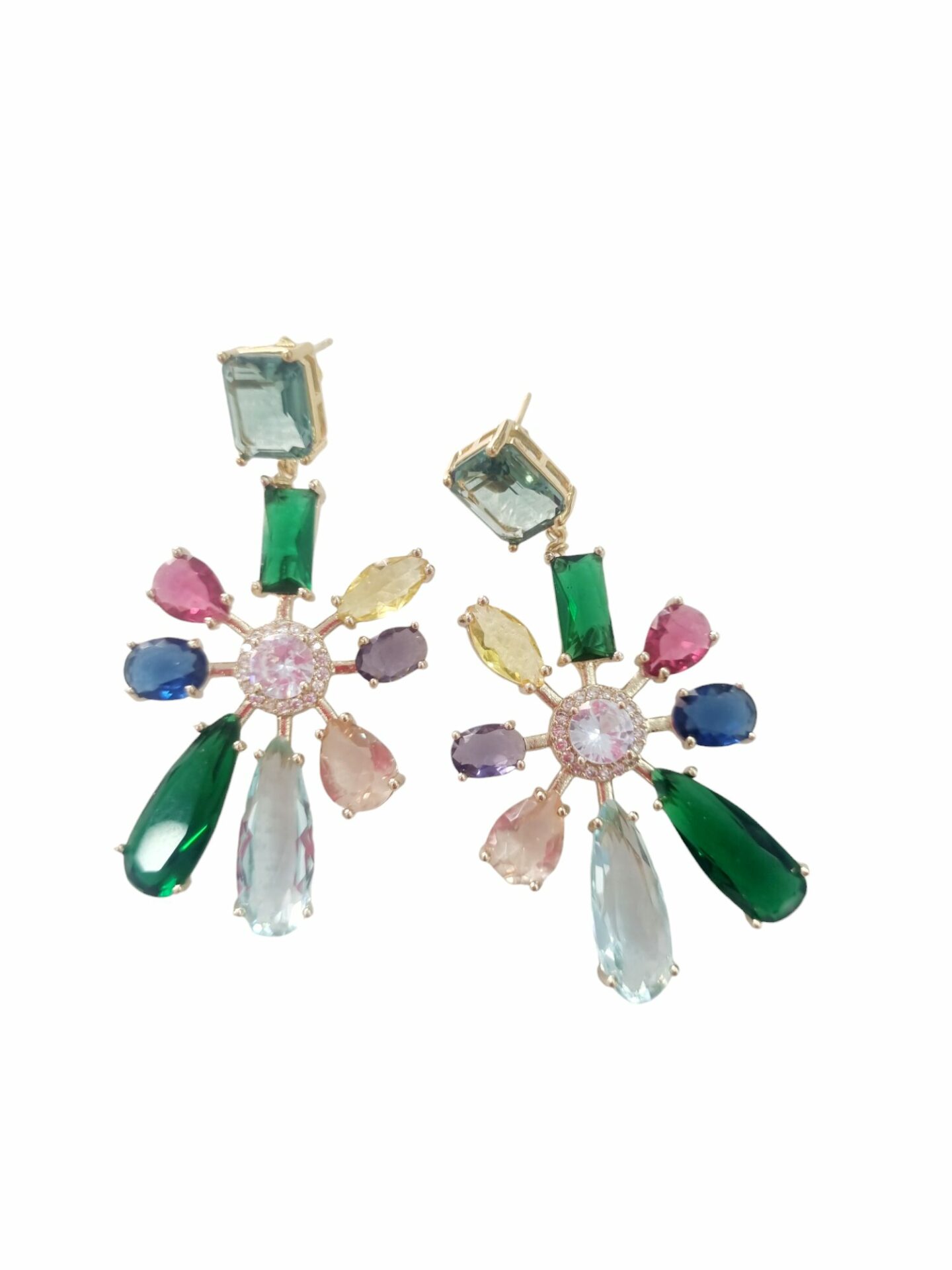 Earrings made with crystals on a brass base and central with zircons. Length 5.5cm Weight 7.5cm Free Shipping