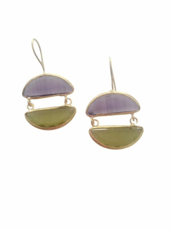 Earrings made with purple and acid green cat's eye surrounded by brass. Length 4cm Weight 4.2gr Free shipping