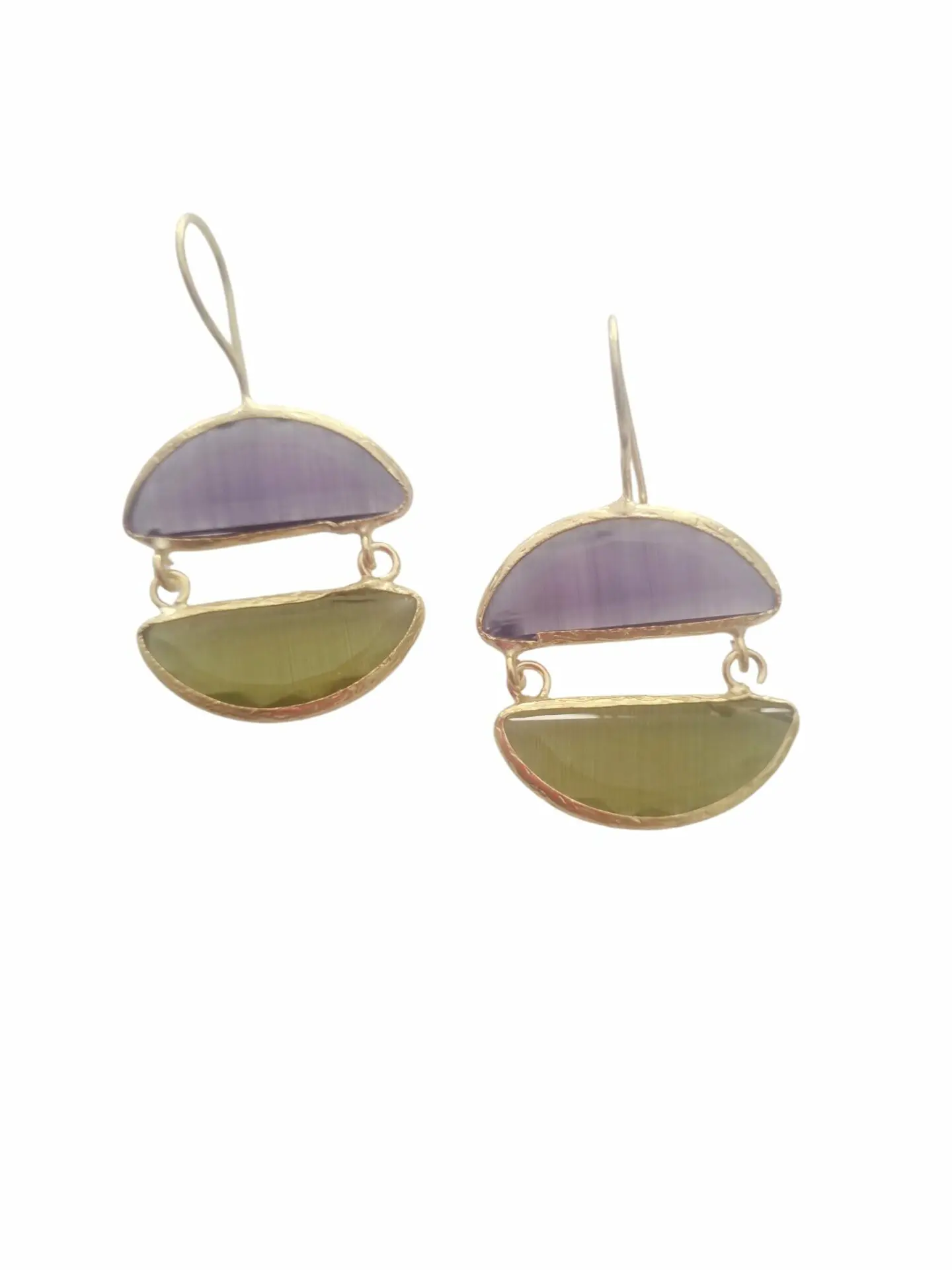 Earrings made with purple and acid green cat's eye surrounded by brass. Length 4cm Weight 4.2gr Free Shipping