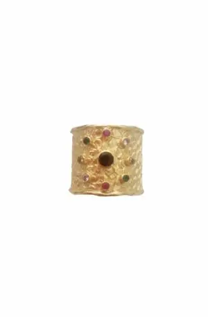 Anello fascione regolabile,realizzato in ottone martellato e zirconi multicolore incastonati. Spedizione Gratuita