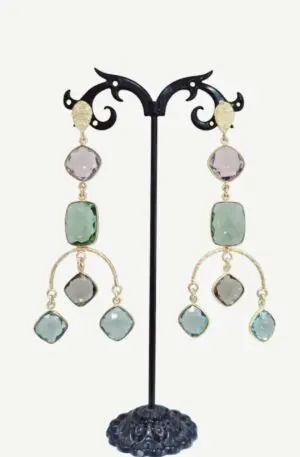 Earrings made of brass with multicolored quartz: pink, green, light blue and pastel smoke. Length 9cm Weight 8.5gr Free Shipping