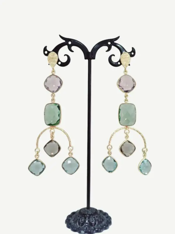 Earrings made of brass with multicolored quartz: pink, green, light blue and pastel smoky. Length 9cm Weight 8.5gr Free shipping