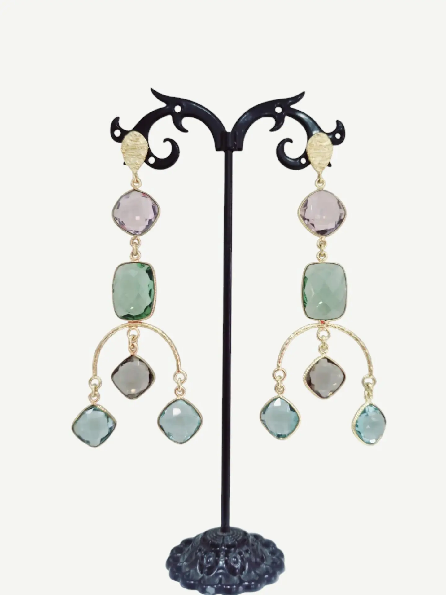 Earrings made of brass with multicolored quartz: pink, green, light blue and pastel smoke. Length 9cm Weight 8.5gr Free Shipping