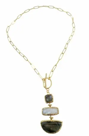 Collana Girocollo con catena in ottone con ciondolo in labradorite e pietra di luna contornati da ottone.Lunghezza collana 50 cm Lunghezza ciondolo 7 cm Spedizione Gratuita