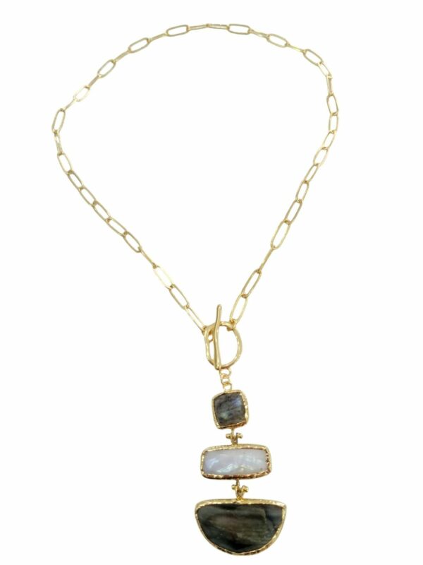 Choker necklace with brass chain with labradorite and moonstone pendant surrounded by brass. Necklace length 50 cm Pendant length 7 cm Free shipping