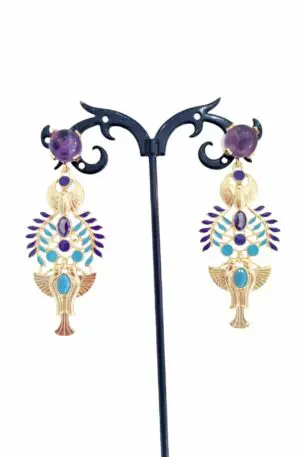 Earrings made of purple and turquoise enameled brass with zircons and amethyst pin. Length 6cm weight 7.2gr Free Shipping