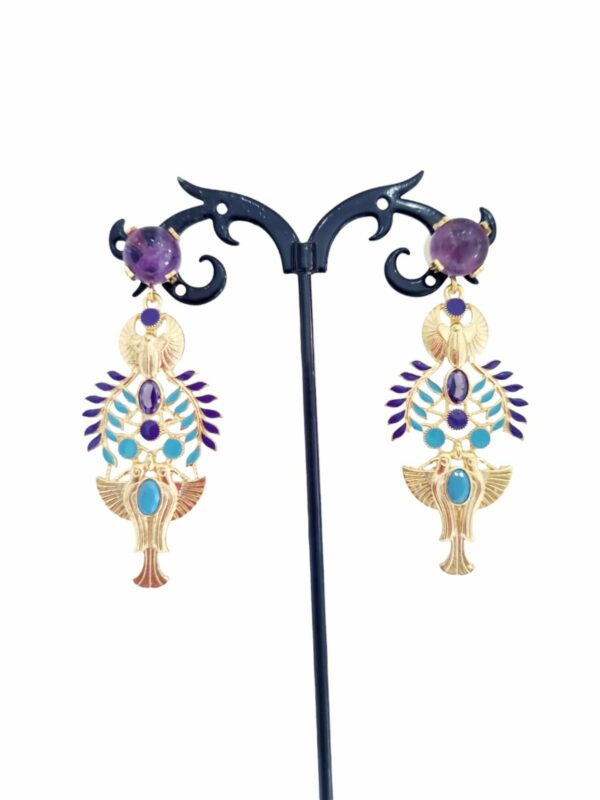 Earrings made of purple and turquoise enameled brass with zircons and amethyst pin. Length 6cm weight 7.2gr Free shipping