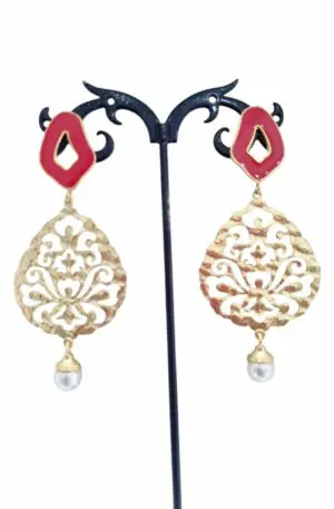 Earrings made with Mallorca pearl brass and red enameled brass pin. length 7cm weight 5.7gr Free Shipping