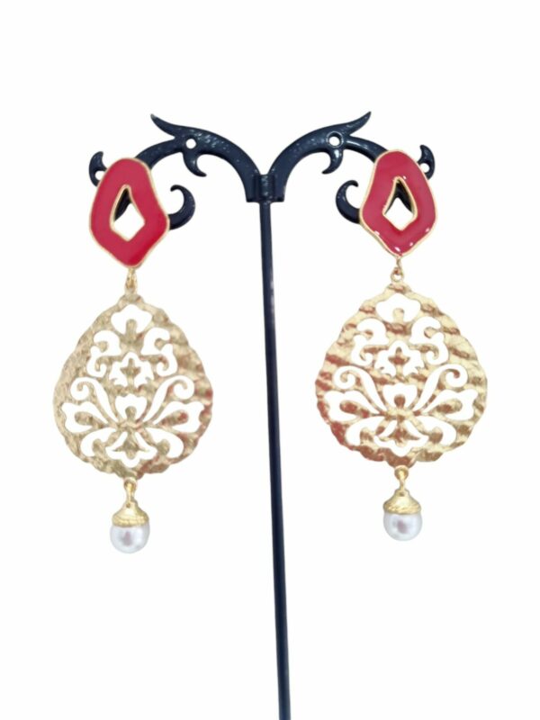 Earrings made with Mallorca pearl brass and red enameled brass pin. Length 7cm Weight 5.7gr Free shipping