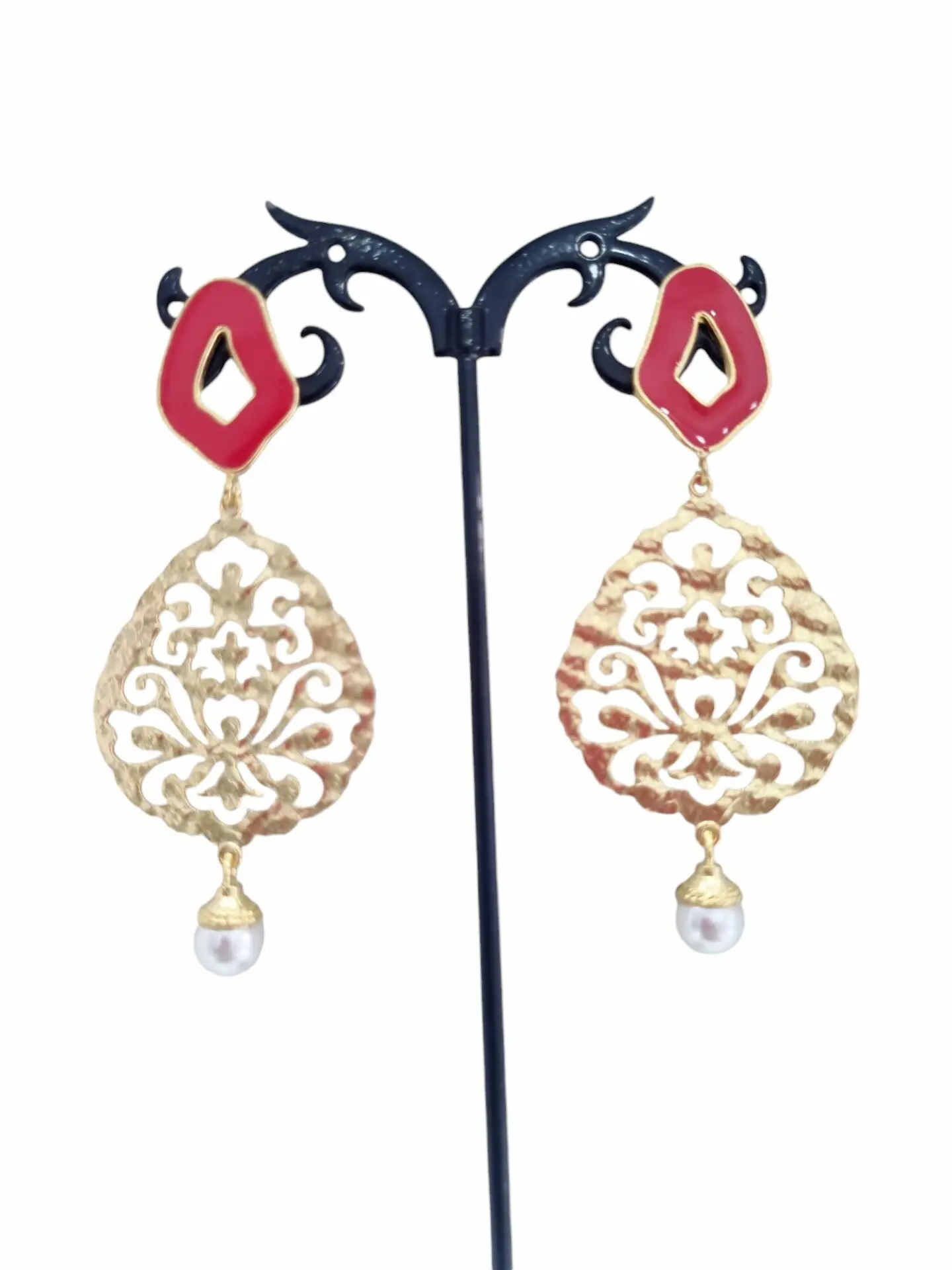 Earrings made with Mallorca pearl brass and red enameled brass pin. length 7cm weight 5.7gr Free Shipping