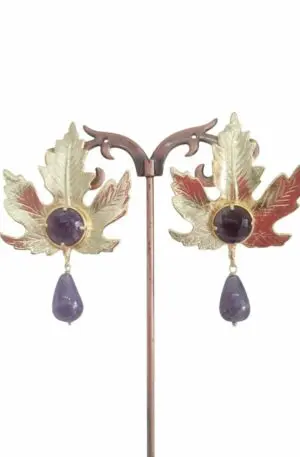 Earrings made with brass leaf and amethyst. Length 5.5cm Weight 11.7gr Free Shipping