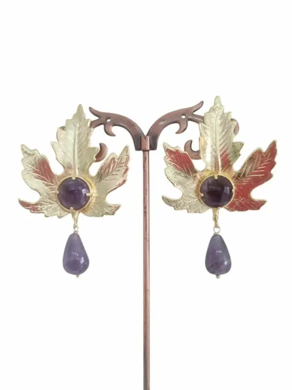 Earrings made with brass leaf and amethyst. Length 5.5cm Weight 11.7gr Free shipping