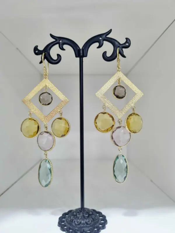 Earrings made with pastel multicolored quartz and brass. Length 9.5cm Weight 10gr Free shipping