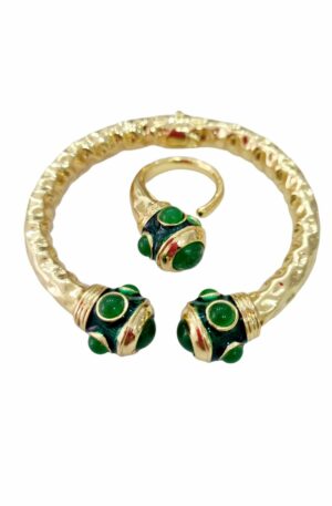 Parure bracciale ad incastro ed anello realizzati in ottone quarzi verdi e parti smaltate. Spedizione Gratuita