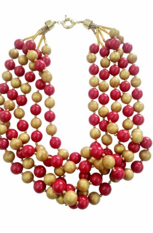 Collana girocollo realizzata con multifili di sfere in resina rosse e dorate. chiusura in acciaio. Lunghezza 50cm Spedizione Gratuita