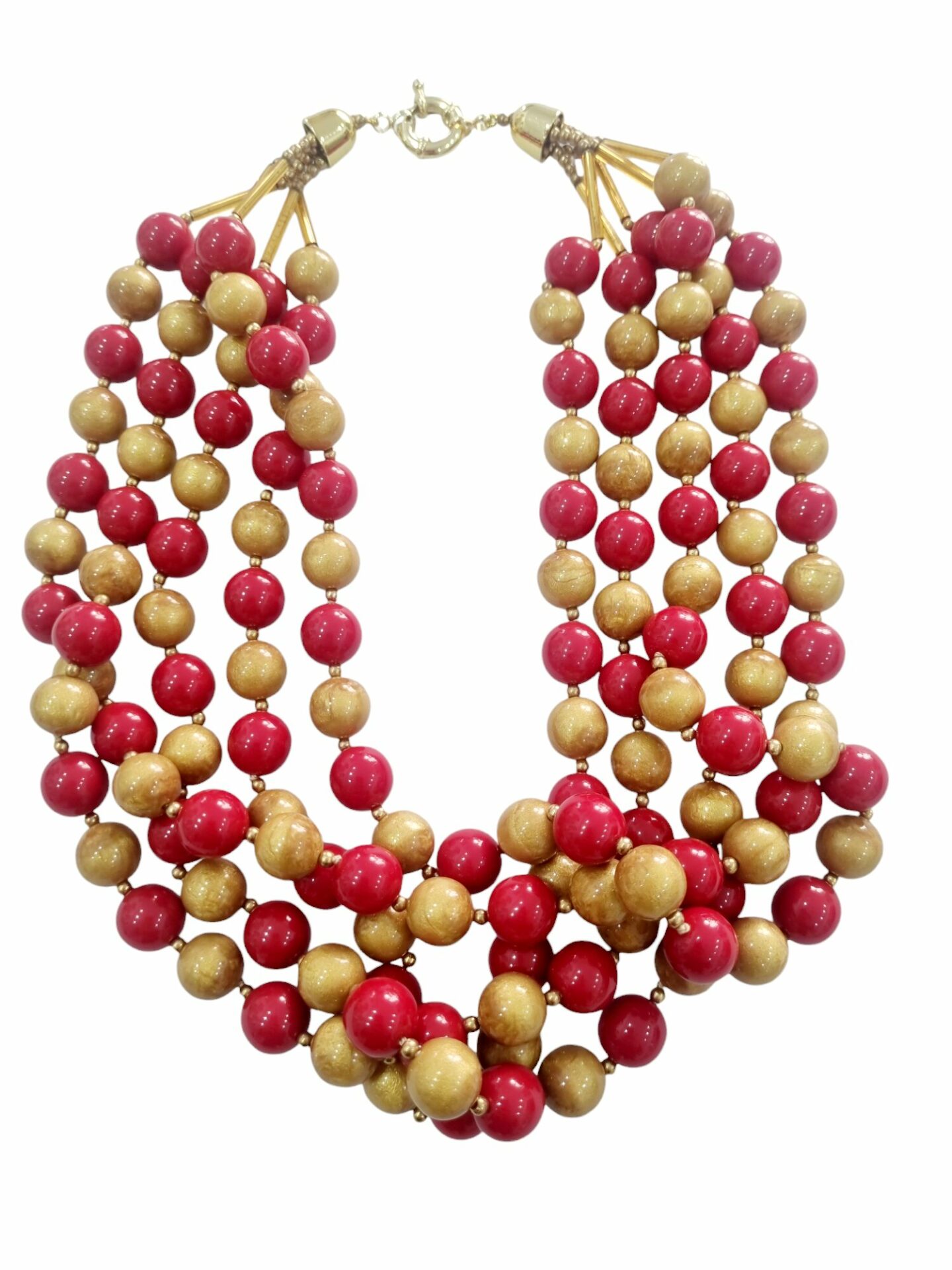 Collana girocollo realizzata con multifili di sfere in resina rosse e dorate. chiusura in acciaio. Lunghezza 50cm Spedizione Gratuita