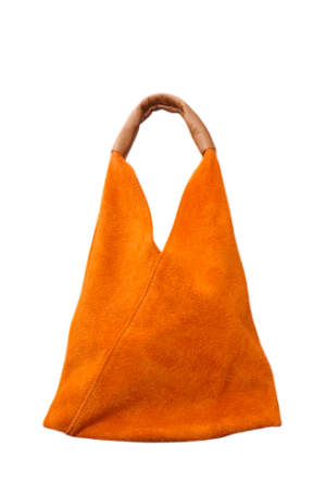 Borsa sacca media con design triangolare e manico in vera pelle dollaro perfetta per chi ama la praticità 45×26 pochette interna 15×10 colori Arancione Spedizione Gratuita