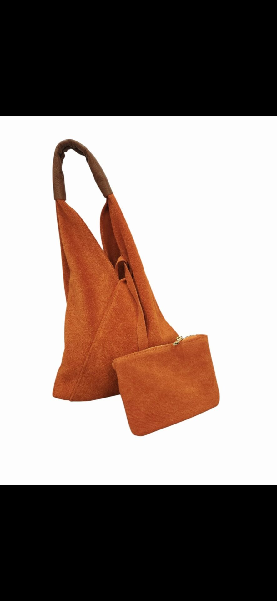 Borsa sacca media con design triangolare e manico in vera pelle dollaro perfetta per chi ama la praticità 45×26 pochette interna 15×10 colori Arancione Spedizione Gratuita