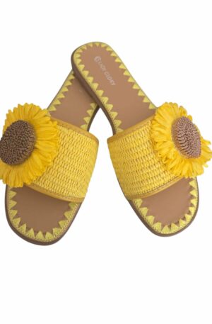 Ciabattine con fiore in rafia, suola antiscivolo e rialzo 1.5cm. Gialle Spedizione Gratuita