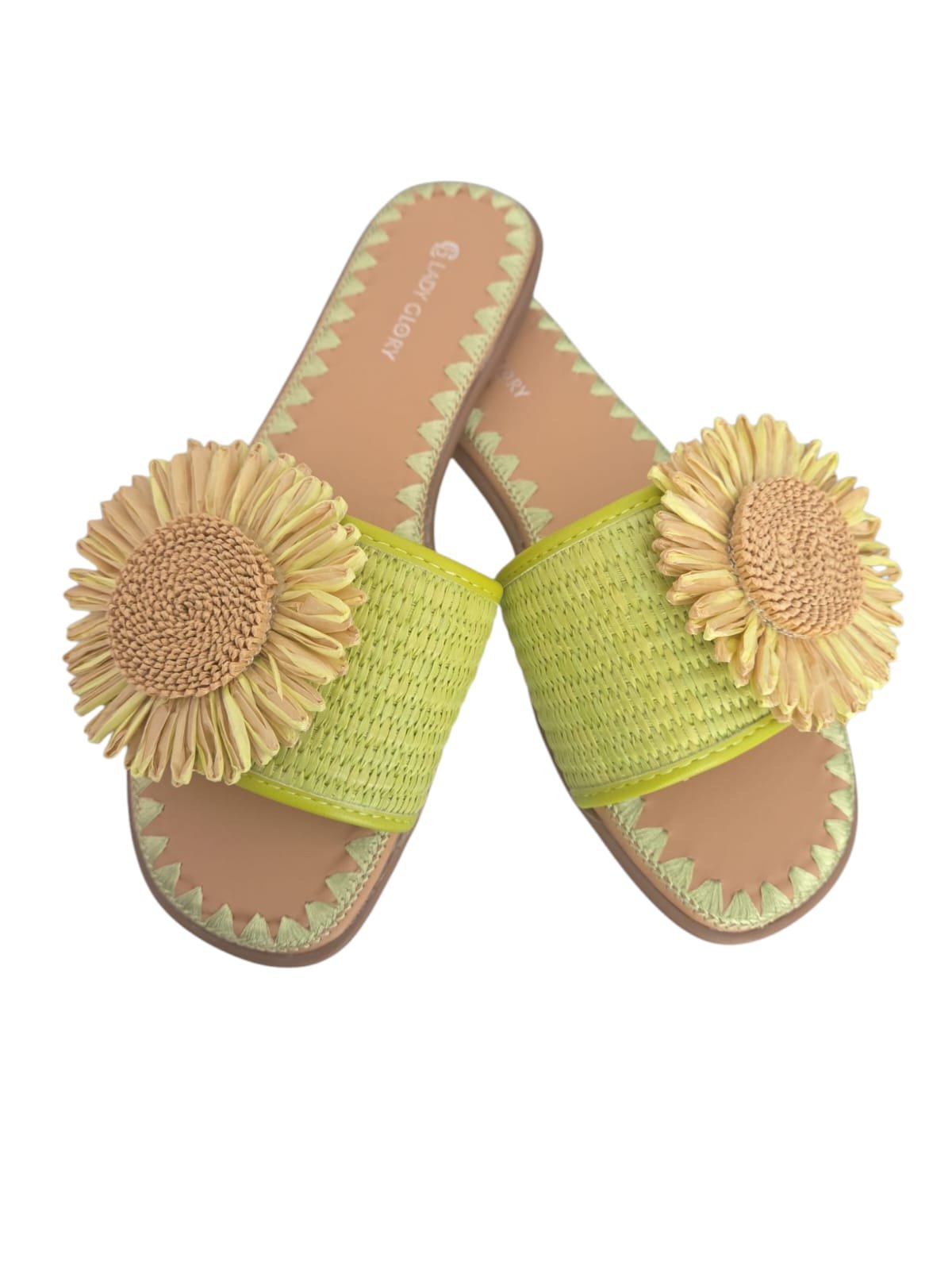 Ciabattine con fiore in rafia, suola antiscivolo e rialzo 1.5cm. verdi Spedizione Gratuita