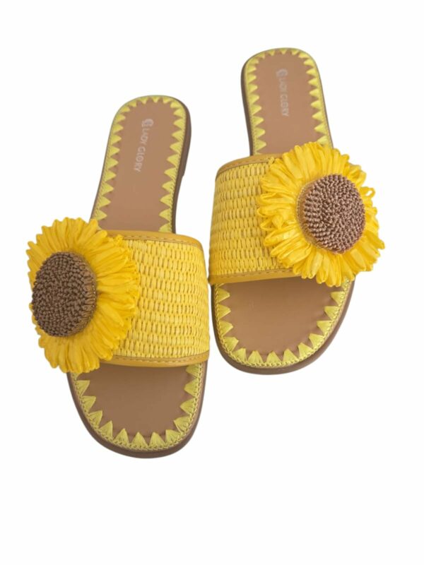 Ciabattine con fiore in rafia, suola antiscivolo e rialzo 1.5cm. Gialle Spedizione Gratuita