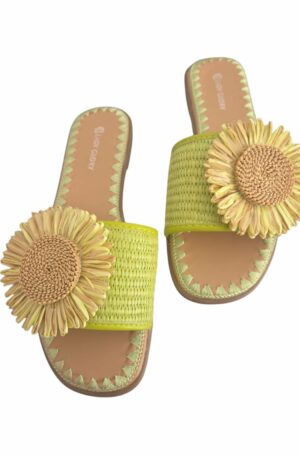 Ciabattine con fiore in rafia, suola antiscivolo e rialzo 1.5cm. verdi Spedizione Gratuita