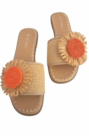 Ciabattine con fiore in rafia, suola antiscivolo e rialzo 1.5cm. Spedizione Gratuita