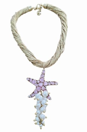 Collana girocollo regolabile, realizzata artigianalmente con torciglione di tessuto dorato glitterato e ciondolo con ciuffo di perle di fiume e  stella di quarzi rosa e zirconi.

lunghezza girocollo 47cm

lunghezza ciondolo 11 cm Spedizione Gratuita