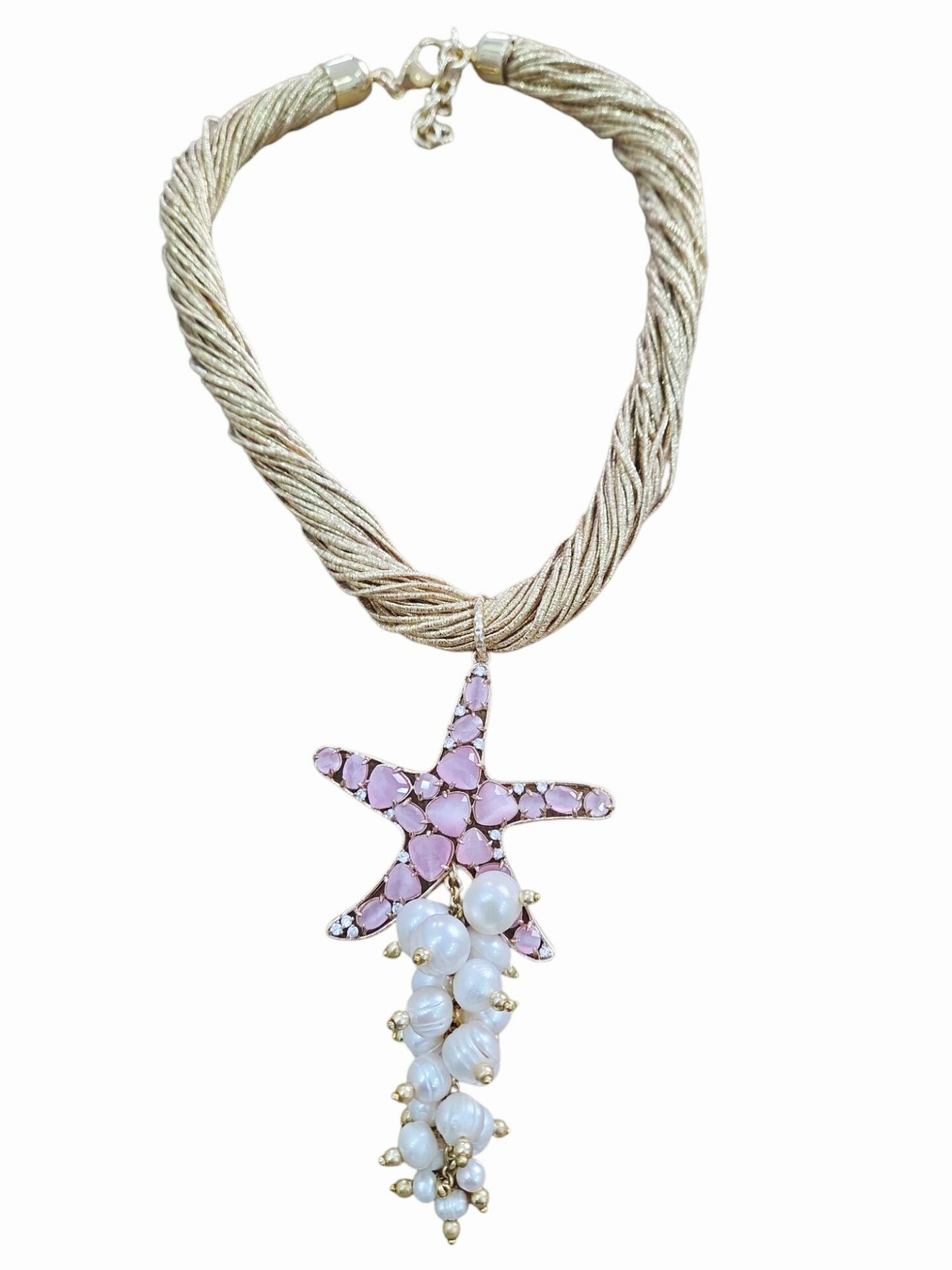 Collana girocollo regolabile, realizzata artigianalmente con torciglione di tessuto dorato glitterato e ciondolo con ciuffo di perle di fiume e  stella di quarzi rosa e zirconi.

lunghezza girocollo 47cm

lunghezza ciondolo 11 cm Spedizione Gratuita