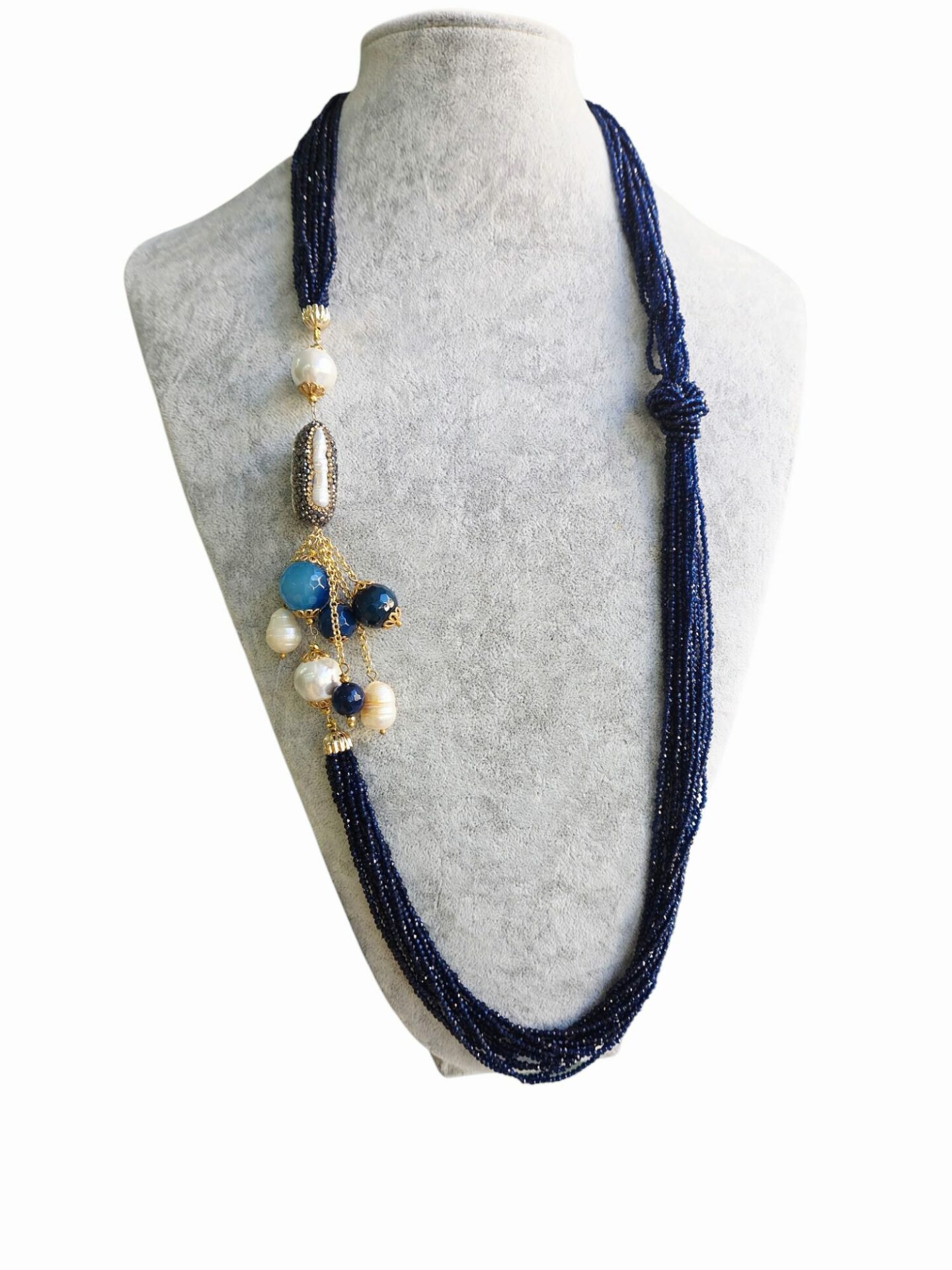 Collana lunga realizzata con fili di zirconi naturali blu e laterale con perle barocche,agata e perla scaramazza con marcasite.
lunghezza 85cm Spedizione Gratuita