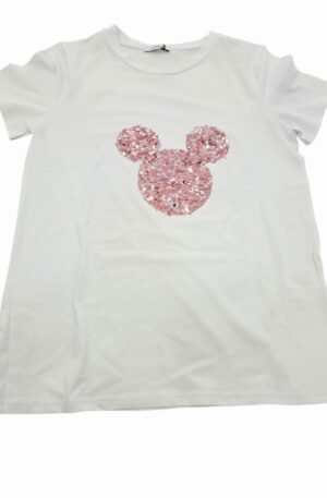 T shirt bianca elasticizzata con topolino paillettes rosa,manica corta taglia unica. Spedizione Gratuita