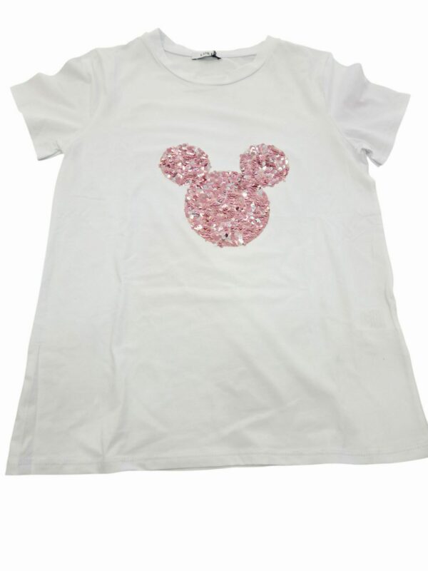 T-shirt bianca elasticizzata con topolino paillettes rosa,manica corta taglia unica. Spedizione Gratuita