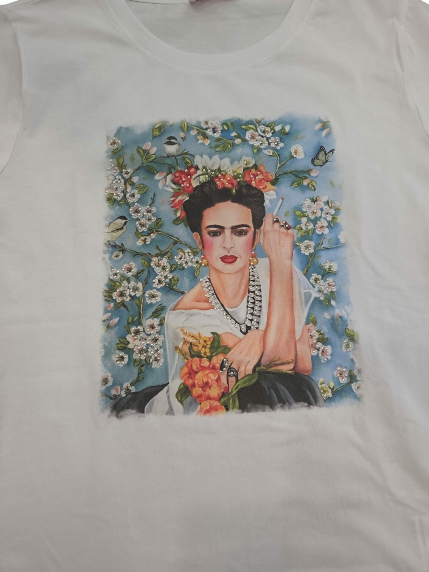 T-shirt manica corta Frida kahlo  95% cotone 5% elastame con stampa.
taglia unica, vestibilità morbida. Spedizione Gratuita