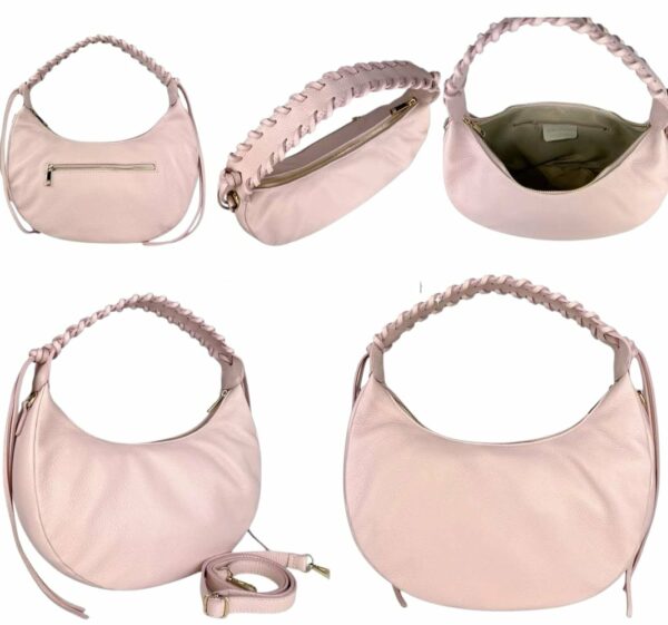 Borsa mezza luna in vera pelle, made Italy, con manico intrecciato ,apertura con zip, interno foderato unico scomparto con tasche laterali, tasca esterna con zip,dotata di tracolla. Spedizione Gratuita