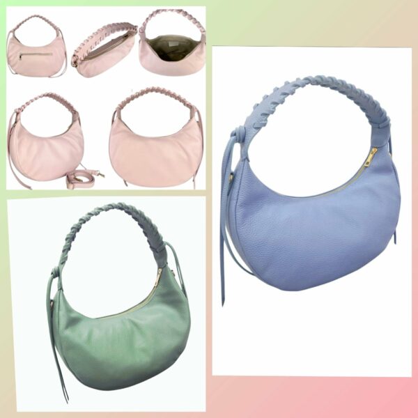 Borsa mezza luna in vera pelle, made Italy, con manico intrecciato ,apertura con zip, interno foderato unico scomparto con tasche laterali, tasca esterna con zip,dotata di tracolla. Spedizione Gratuita