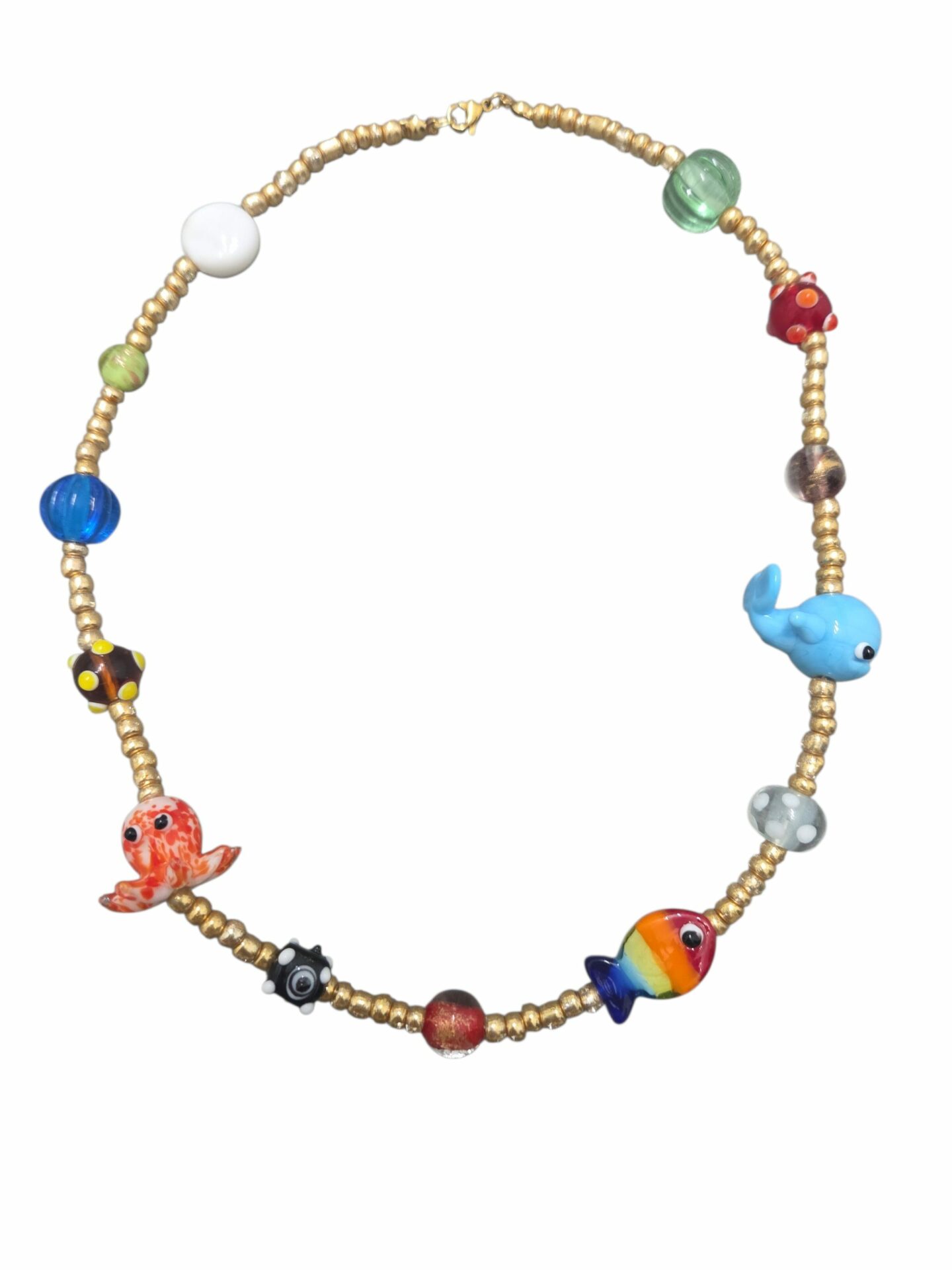 Collana girocollo realizzata artigianalmente con microperline ed elementi in vetro soffiato,pesci multicolore, balena,polipo e sfere miste.lunghezza 45cm Spedizione Gratuita