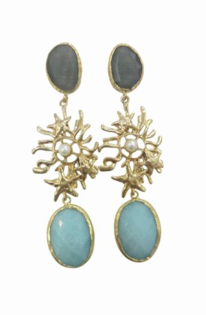 Orecchini  realizzati con ottone, occhio di gatto ed agata
lunghezza 9cm
peso 14gr Spedizione Gratuita