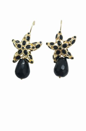 Orecchini realizzati con stelle su base in ottone e zirconi neri incastonati, goccia in onice.Dotati di monachella peso 6.2grlunghezza 4.5cm Spedizione Gratuita