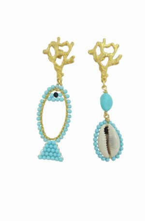 Orecchini realizzati artigianalmente lavorati con pasta di turchese, conchiglia ed ottone. Perno rametto corallo in ottone con monachella.peso 3.7grlunghezza 6.5cm Spedizione Gratuita