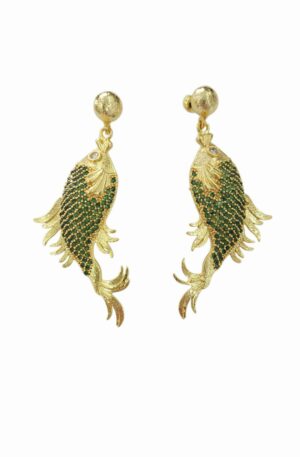 Orecchini realizzati con pesci in ottone e zirconi verdi.
lunghezza 5.5cm
peso 6.4gr Spedizione Gratuita