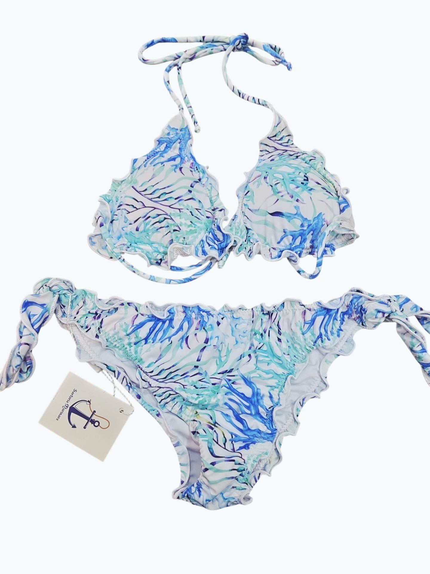 Bichini triangolo con coppa slip regolabile con laccetti. Fantasia coralli blu. Spedizione Gratuita